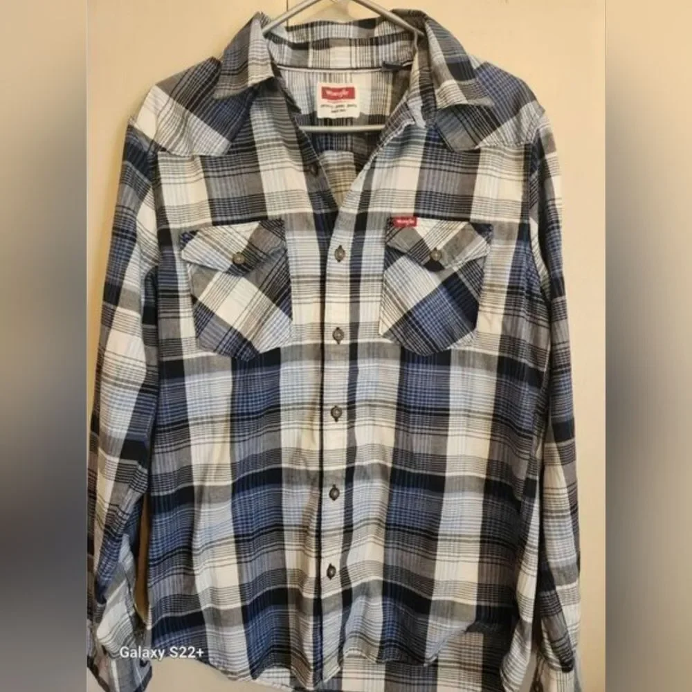 M38 Wrangler Blue, Black & White Plaid Western Shirt Button Up Long Sleeved